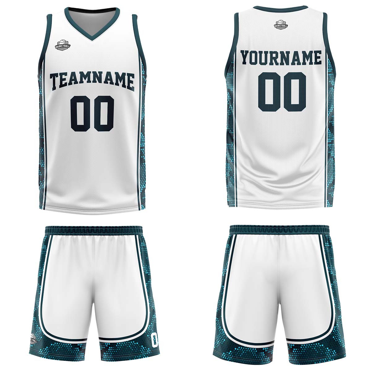 Uniforme de baloncesto personalizado blanco y verde oscuro con tu logotipo-nombre y número impresos