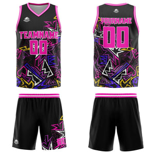 Uniforme de baloncesto rosa con geometría dañada personalizada-estampado con tu logotipo-nombre y número