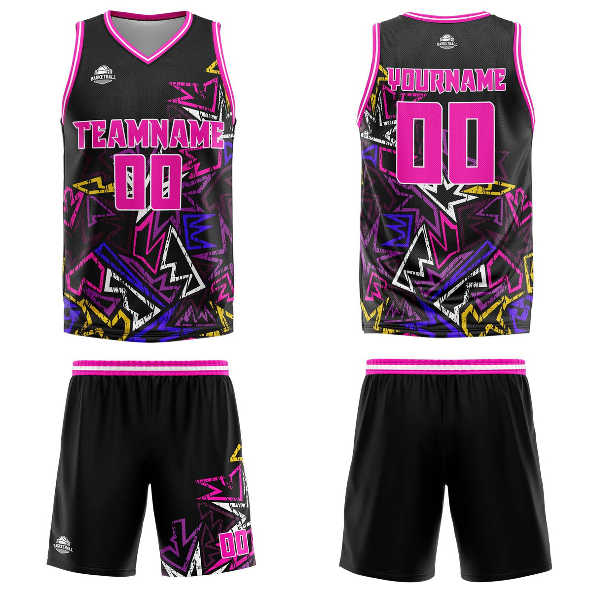 Uniforme de baloncesto rosa con geometría dañada personalizada-estampado con tu logotipo-nombre y número