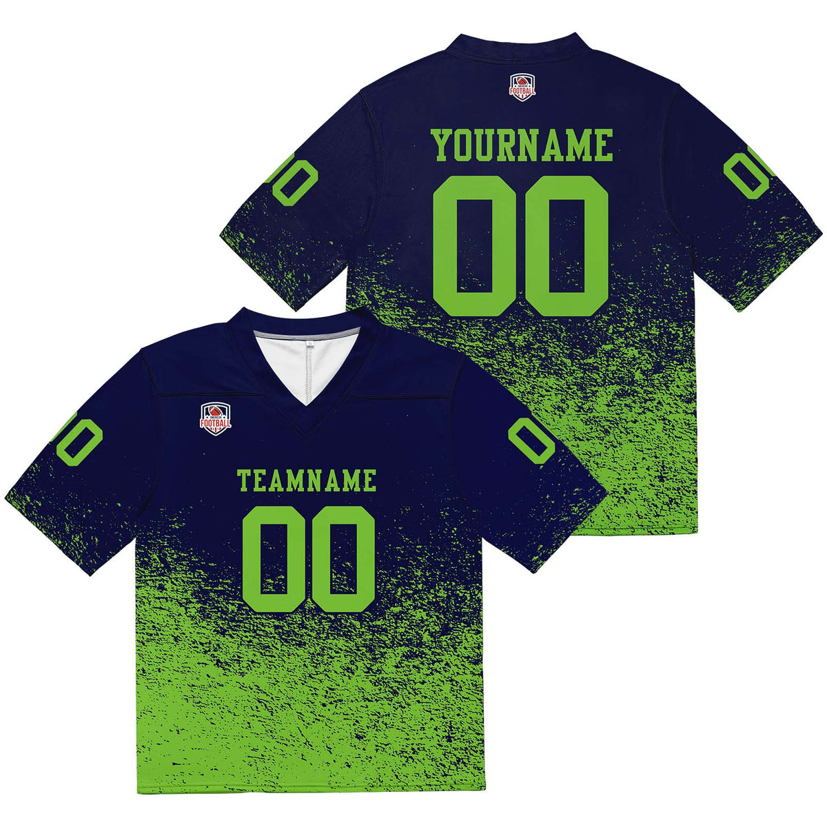 Camiseta de fútbol personalizada con nombre y número del equipo bordados-color azul marino y verde neón