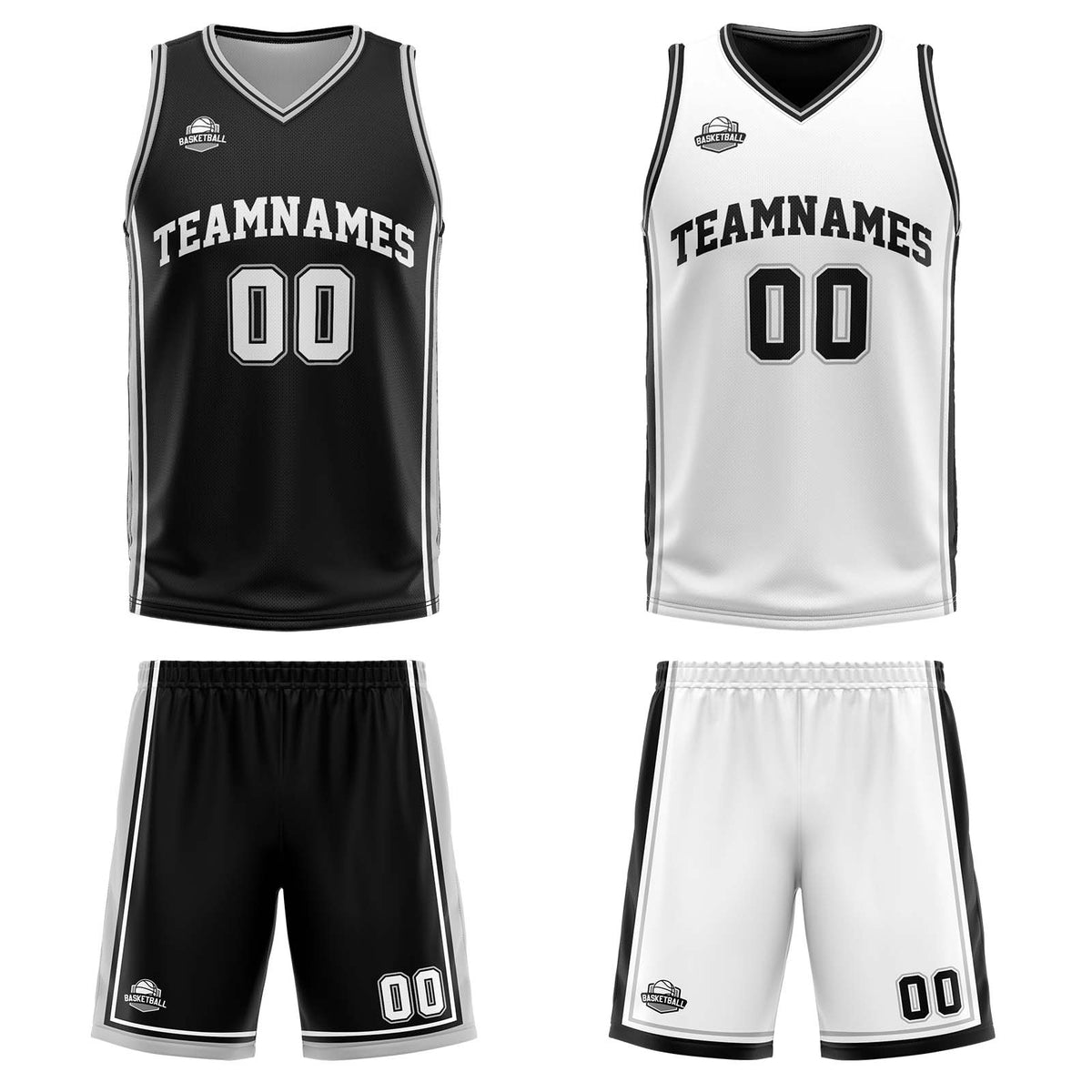 Traje de baloncesto reversible personalizado en negro-blanco y gris para adultos y niños