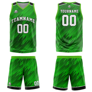 Uniforme de baloncesto verde tipo rayas personalizado con su logotipo-nombre y número impresos