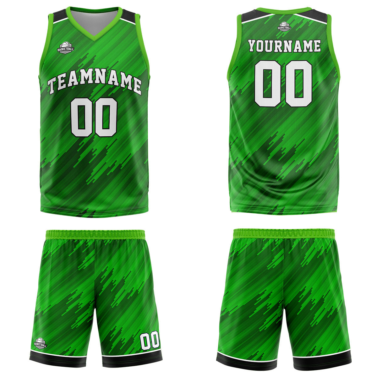 Uniforme de baloncesto verde tipo rayas personalizado con su logotipo-nombre y número impresos