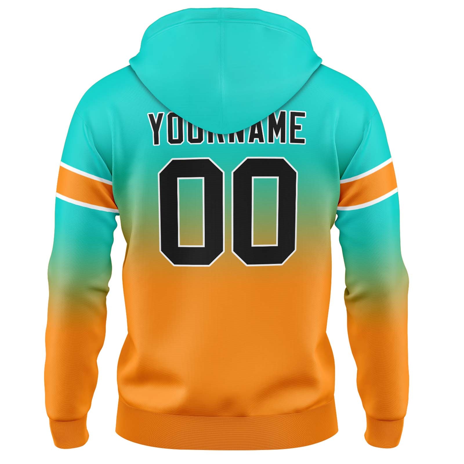Sudadera con capucha degradada personalizada para hombre-mujer-niña o niño Estampa tu logotipo-nombre o número Color verde azulado y naranja