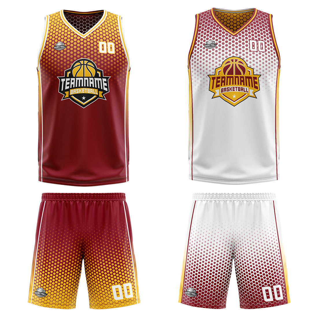 Traje de baloncesto reversible personalizado de color amarillo carmesí para adultos y niños