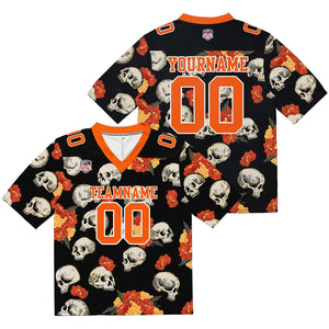 Camiseta de fútbol personalizada con nombre y número del equipo bordados y estampados en color naranja (calavera)
