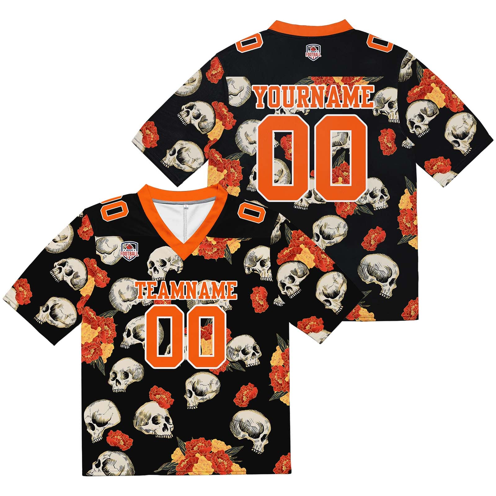Camiseta de fútbol personalizada con nombre y número del equipo bordados y estampados en color naranja (calavera)
