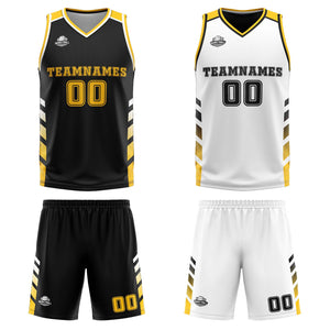 Traje de baloncesto reversible personalizado en negro-blanco y amarillo para adultos y niños