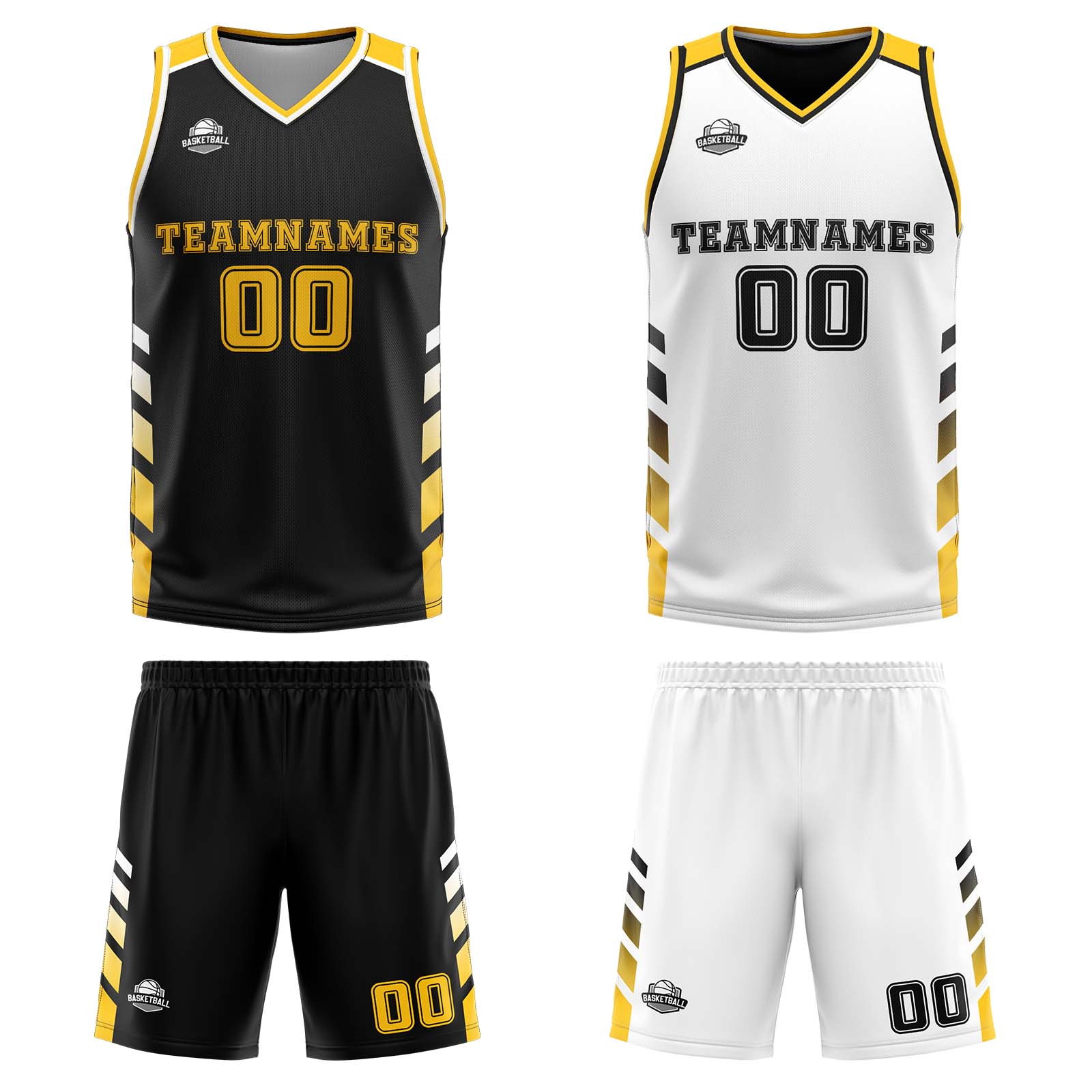 Traje de baloncesto reversible personalizado en negro-blanco y amarillo para adultos y niños