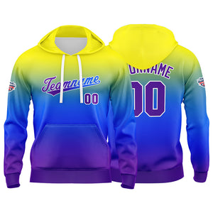 Sudadera con capucha personalizada con degradado para hombre-mujer-niña o niño Estampa tu logotipo-nombre o número en amarillo y azul