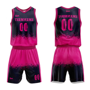 Uniforme de baloncesto personalizado azul marino y rosa fucsia con tu logotipo-nombre y número impresos