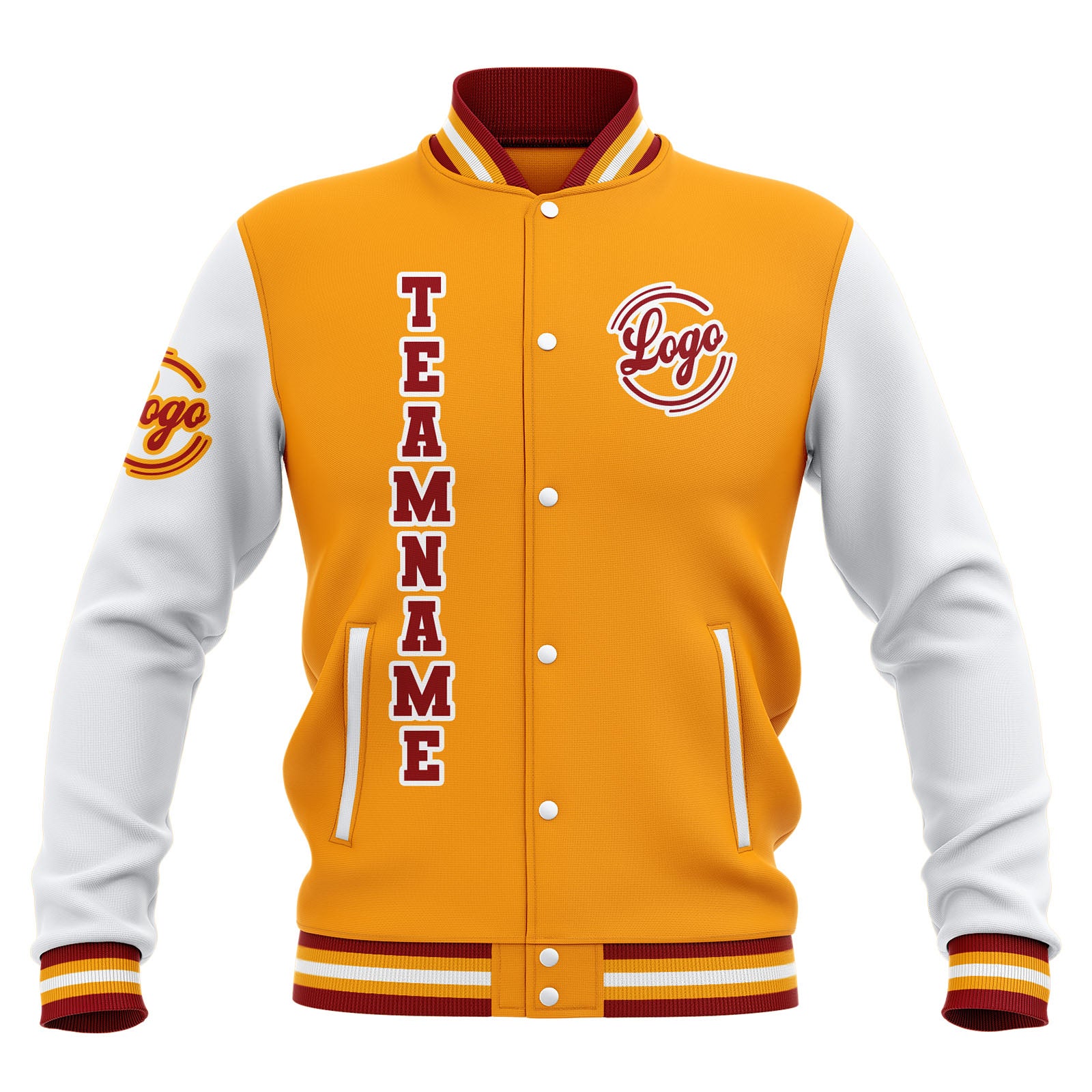 Chaquetas universitarias impermeables personalizadas en amarillo-rojo y blanco con nombre-número y logotipo bordados