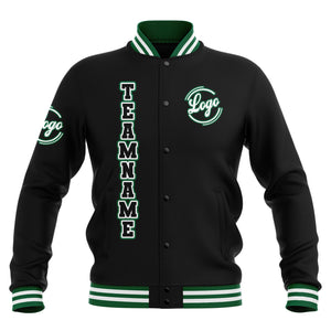 Chaquetas universitarias impermeables personalizadas en negro-blanco y verde con nombre-número y logotipo bordados a medida