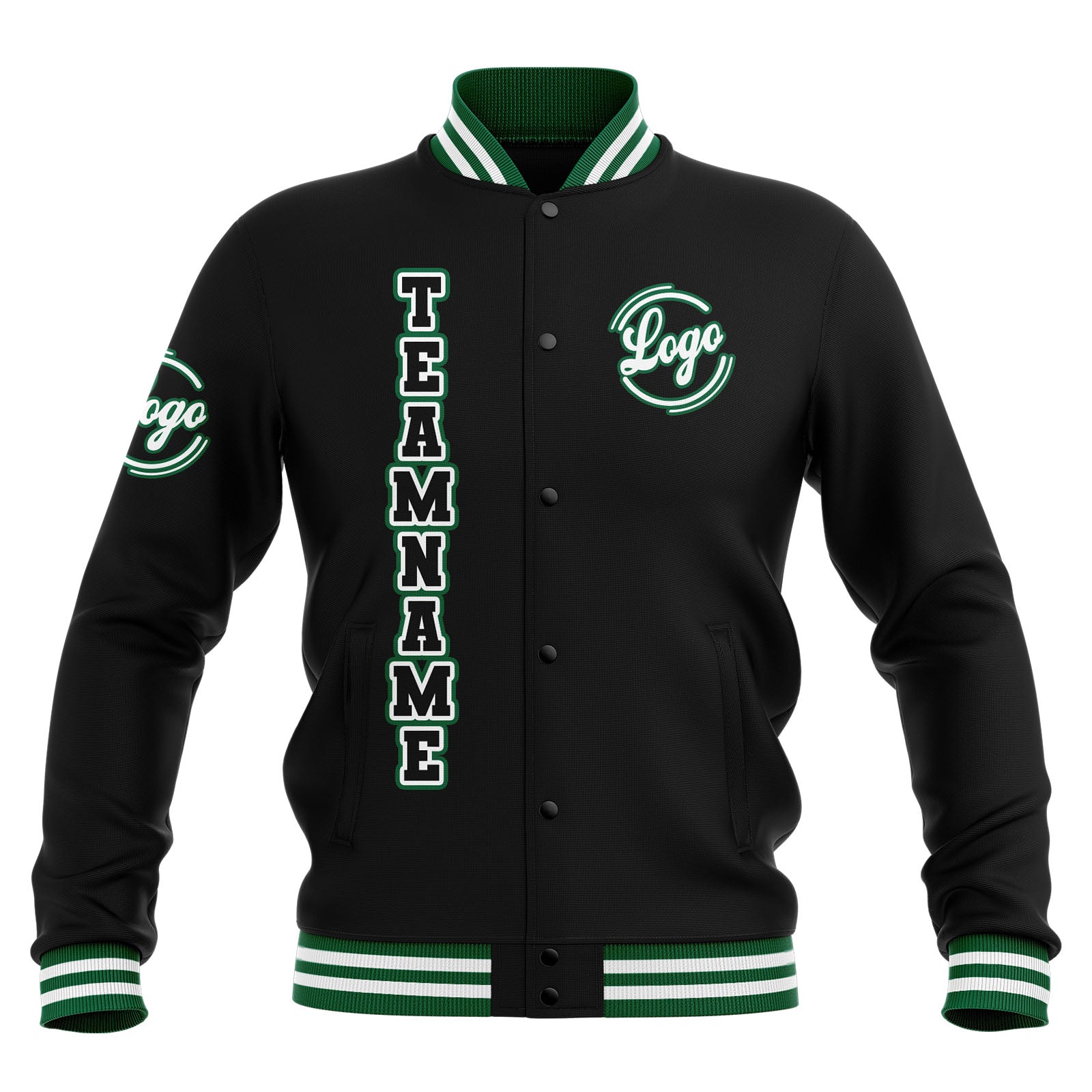 Chaquetas universitarias impermeables personalizadas en negro-blanco y verde con nombre-número y logotipo bordados a medida