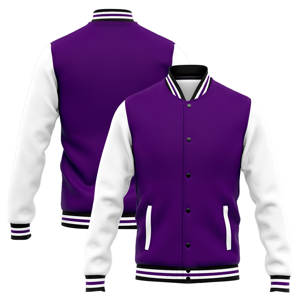 Chaqueta universitaria personalizada estilo Letterman para hombres-mujeres y jóvenes-color morado y blanco