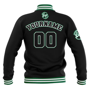 Chaquetas universitarias impermeables personalizadas en negro-blanco y verde con nombre-número y logotipo bordados a medida