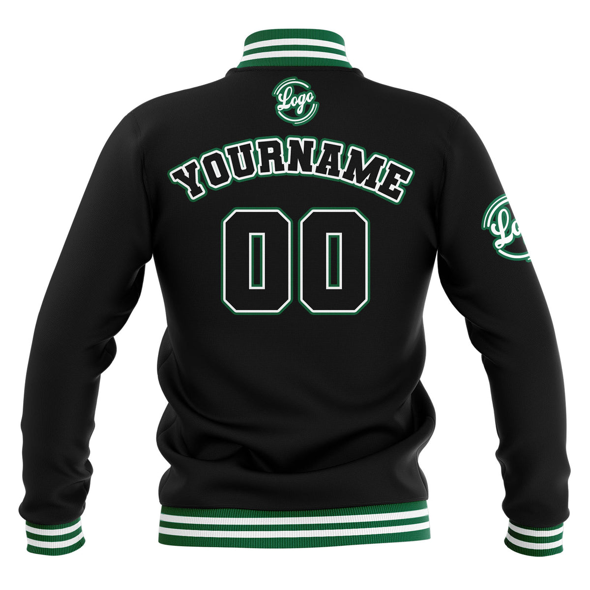 Chaquetas universitarias impermeables personalizadas en negro-blanco y verde con nombre-número y logotipo bordados a medida