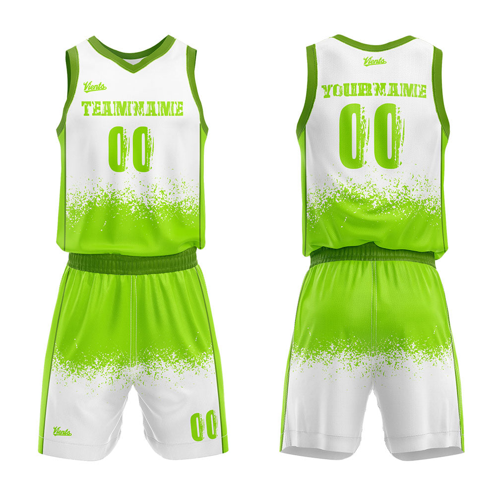Uniforme de baloncesto personalizado blanco y verde neón con tu logotipo-nombre y número impresos