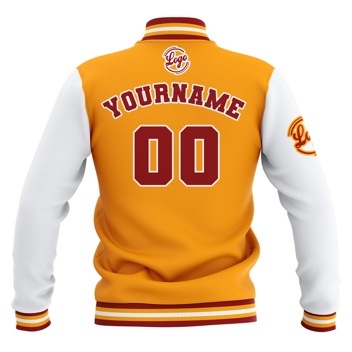 Chaquetas universitarias impermeables personalizadas en amarillo-rojo y blanco con nombre-número y logotipo bordados