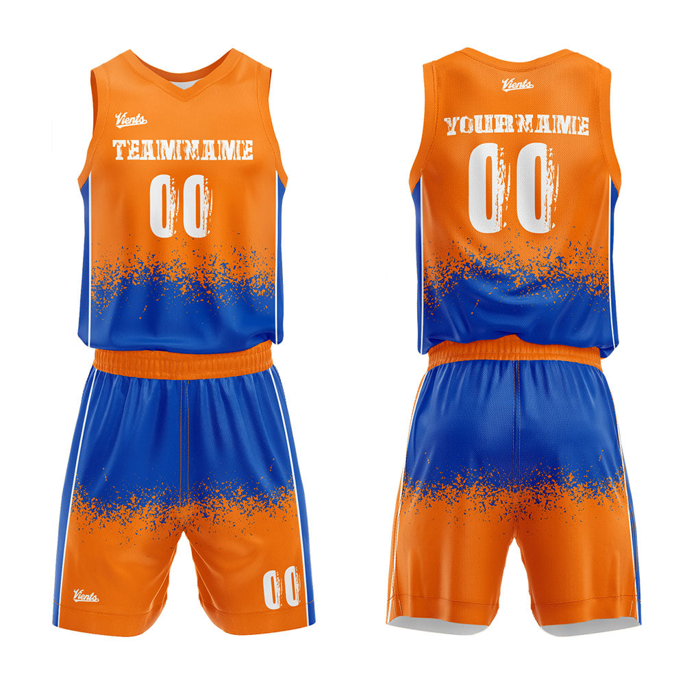 Uniforme de baloncesto personalizado naranja y azul con tu logotipo-nombre y número impresos