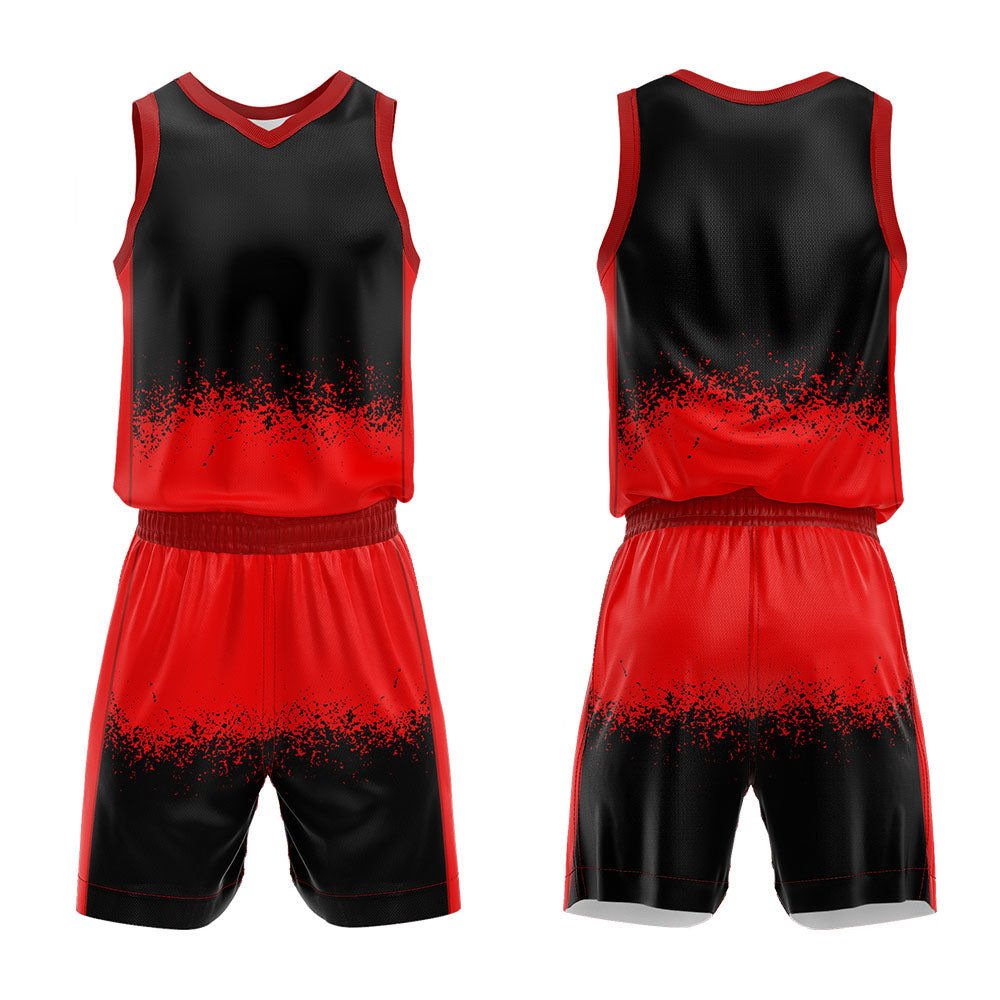 Uniforme de baloncesto personalizado rojo y negro con tu logotipo-nombre y número impresos