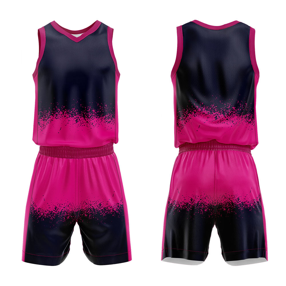 Uniforme de baloncesto personalizado azul marino y rosa fucsia con tu logotipo-nombre y número impresos