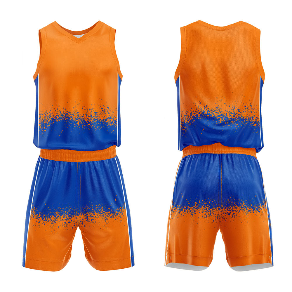 Uniforme de baloncesto personalizado naranja y azul con tu logotipo-nombre y número impresos