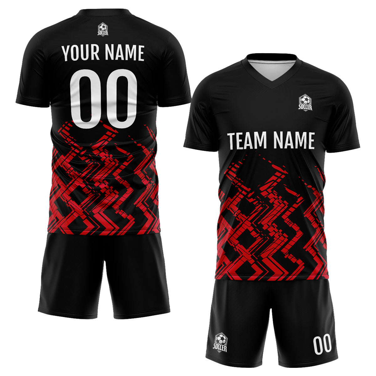 Conjunto personalizado de camiseta de fútbol negra y roja para niños y adultos