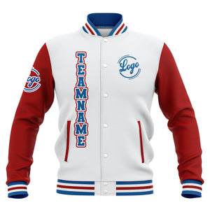 Chaquetas universitarias impermeables personalizadas en blanco-rojo y azul con nombre-número y logotipo bordados
