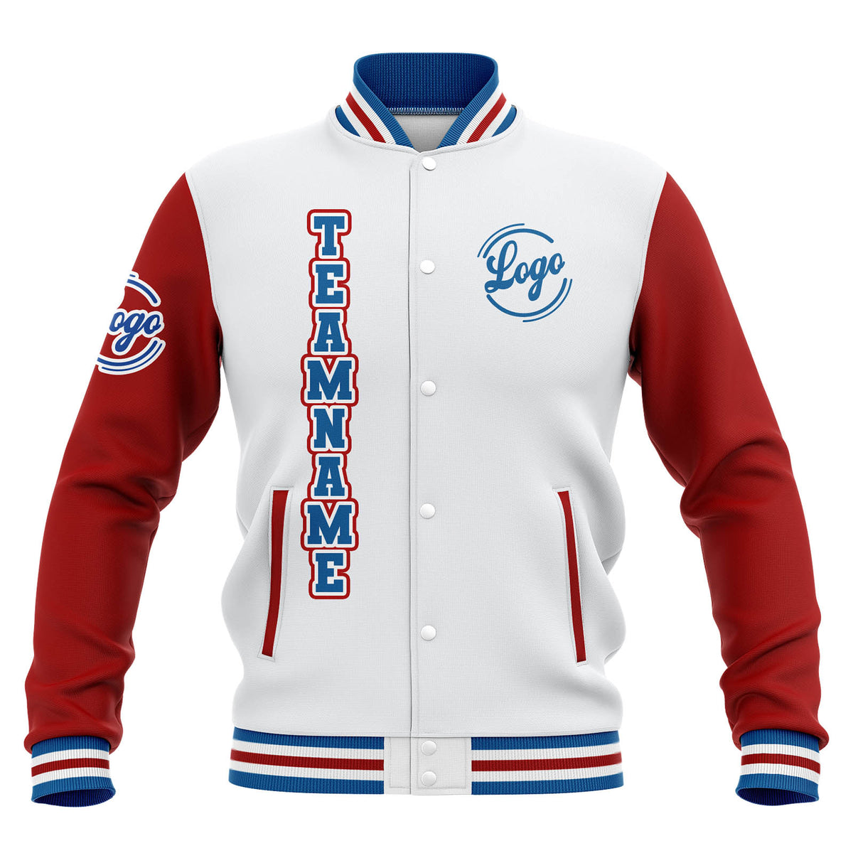Chaquetas universitarias impermeables personalizadas en blanco-rojo y azul con nombre-número y logotipo bordados