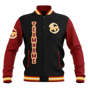 Chaquetas universitarias impermeables personalizadas en negro-rojo y amarillo con nombre-número y logotipo bordados