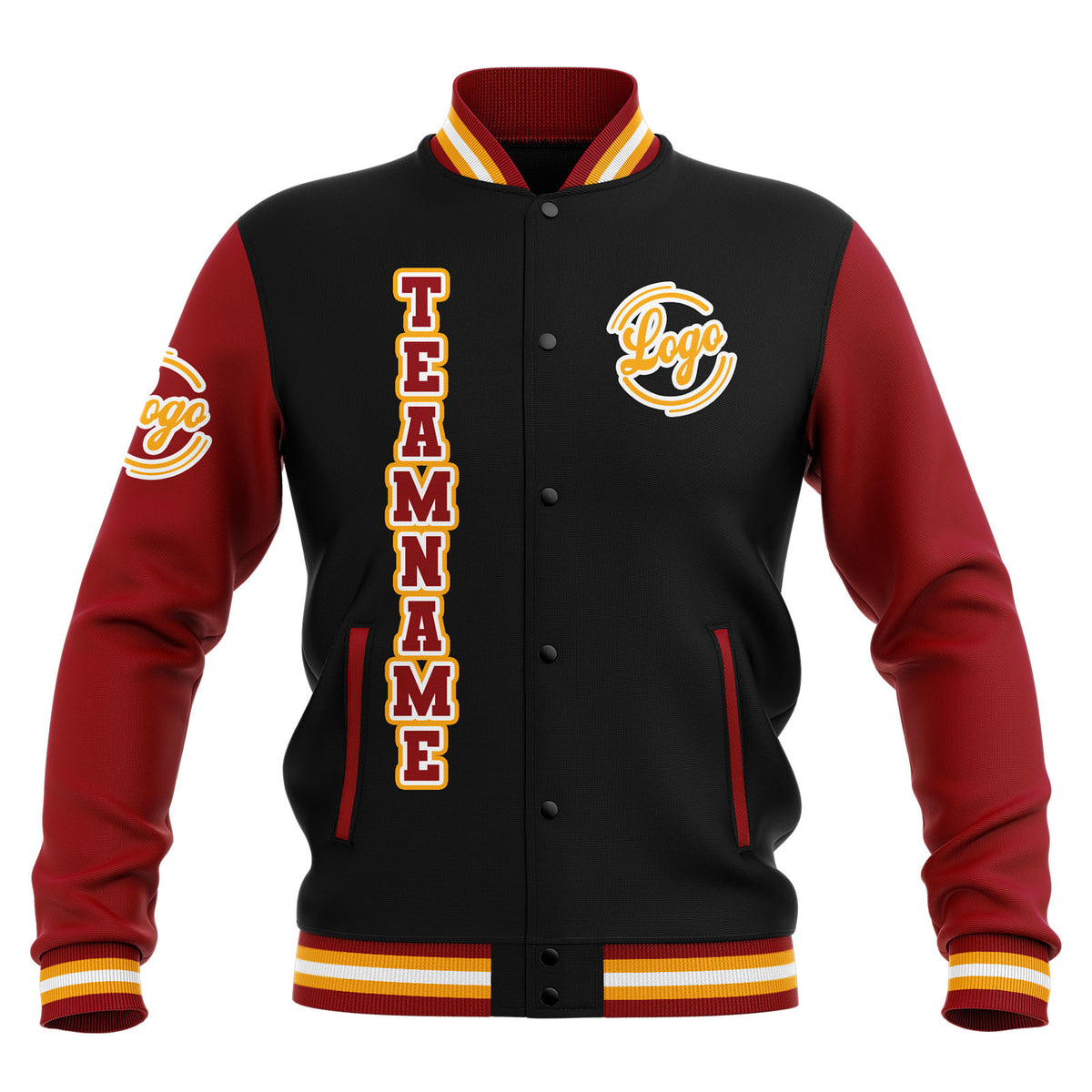 Chaquetas universitarias impermeables personalizadas en negro-rojo y amarillo con nombre-número y logotipo bordados