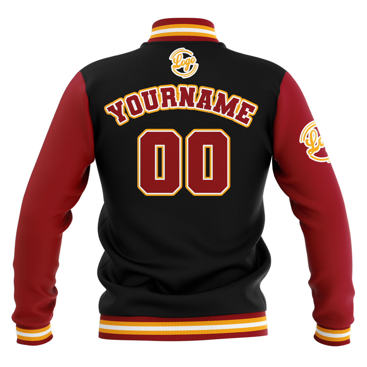 Chaquetas universitarias impermeables personalizadas en negro-rojo y amarillo con nombre-número y logotipo bordados