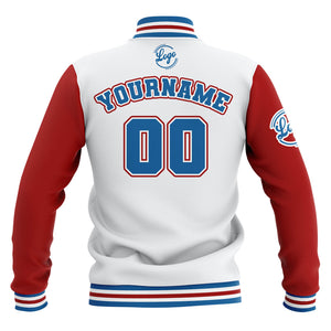 Chaquetas universitarias impermeables personalizadas en blanco-rojo y azul con nombre-número y logotipo bordados