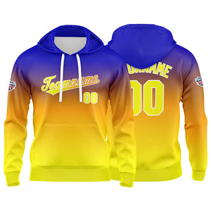 Sudadera con capucha personalizada con degradado para hombre-mujer-niña o niño Estampa tu logotipo-nombre o número en azul-naranja o amarillo