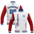 Chaquetas universitarias impermeables personalizadas en blanco-rojo y azul con nombre-número y logotipo bordados