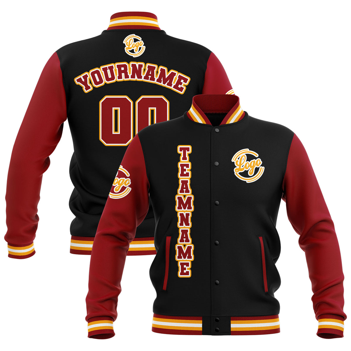 Chaquetas universitarias impermeables personalizadas en negro-rojo y amarillo con nombre-número y logotipo bordados