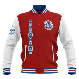 Chaquetas universitarias impermeables personalizadas en rojo-blanco y azul con nombre-número y logotipo bordados