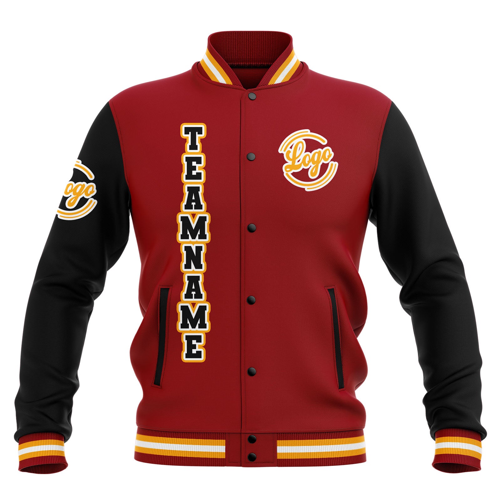 Chaquetas universitarias impermeables personalizadas en negro-rojo y amarillo con nombre-número y logotipo bordados