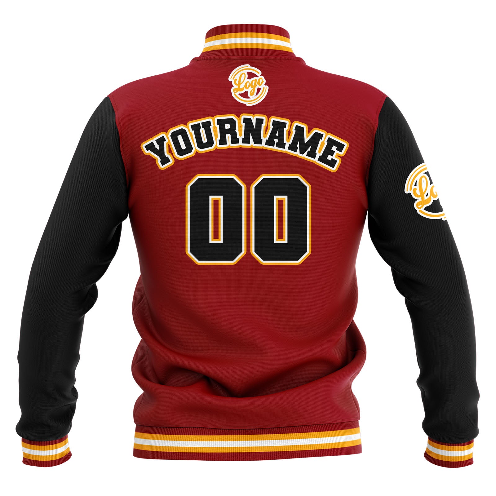 Chaquetas universitarias impermeables personalizadas en negro-rojo y amarillo con nombre-número y logotipo bordados