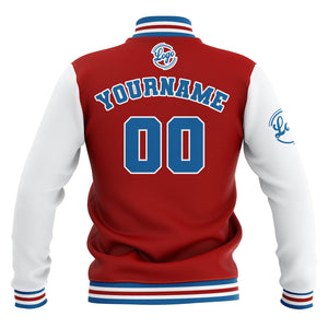 Chaquetas universitarias impermeables personalizadas en rojo-blanco y azul con nombre-número y logotipo bordados
