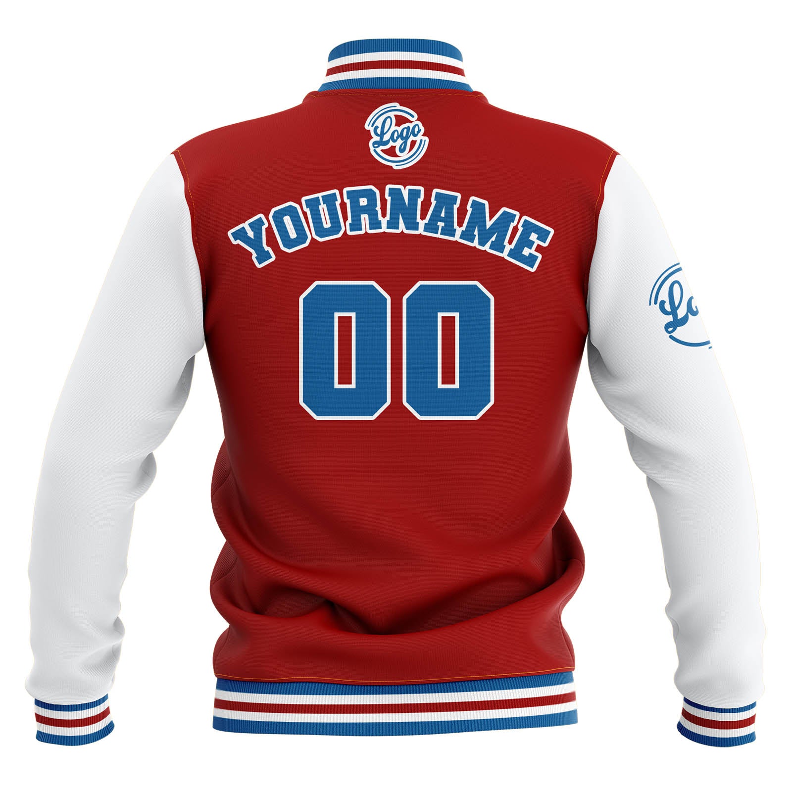 Chaquetas universitarias impermeables personalizadas en rojo-blanco y azul con nombre-número y logotipo bordados