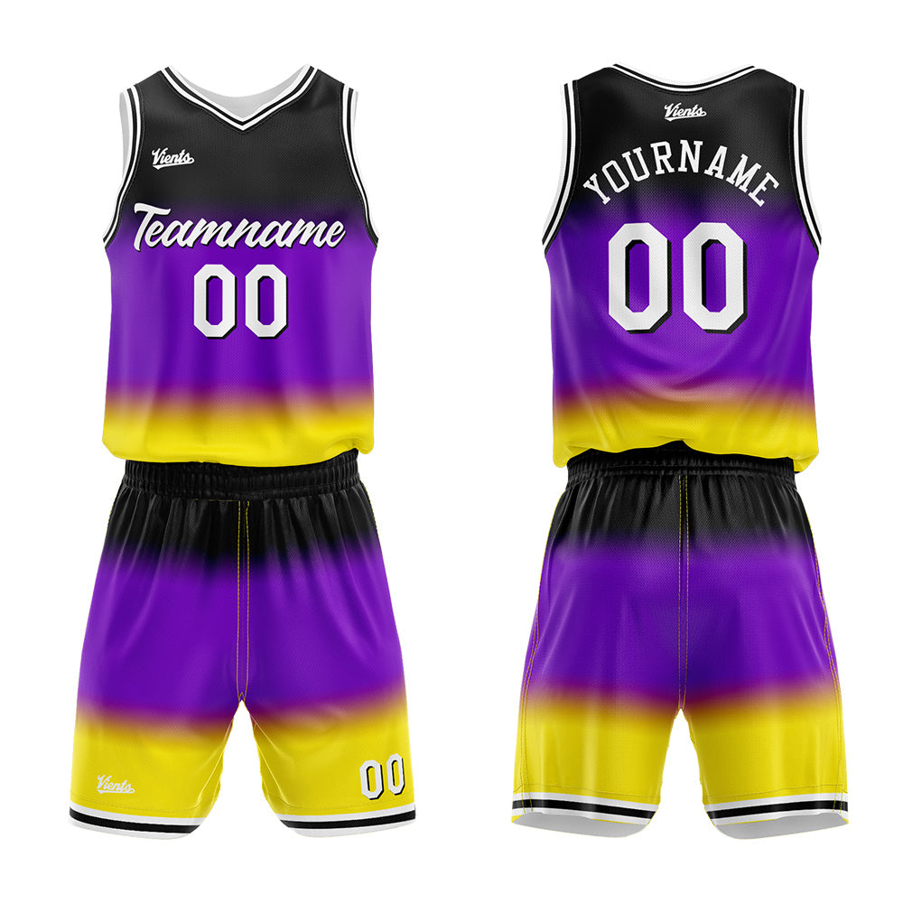 Uniforme de baloncesto personalizado con degradado morado y estampado de tu logotipo-nombre y número