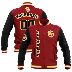 Chaquetas universitarias impermeables personalizadas en negro-rojo y amarillo con nombre-número y logotipo bordados