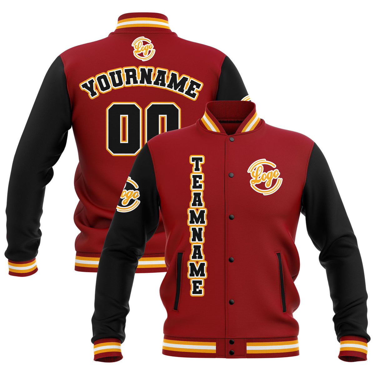 Chaquetas universitarias impermeables personalizadas en negro-rojo y amarillo con nombre-número y logotipo bordados
