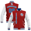 Chaquetas universitarias impermeables personalizadas en rojo-blanco y azul con nombre-número y logotipo bordados
