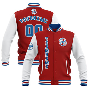 Chaquetas universitarias impermeables personalizadas en rojo-blanco y azul con nombre-número y logotipo bordados