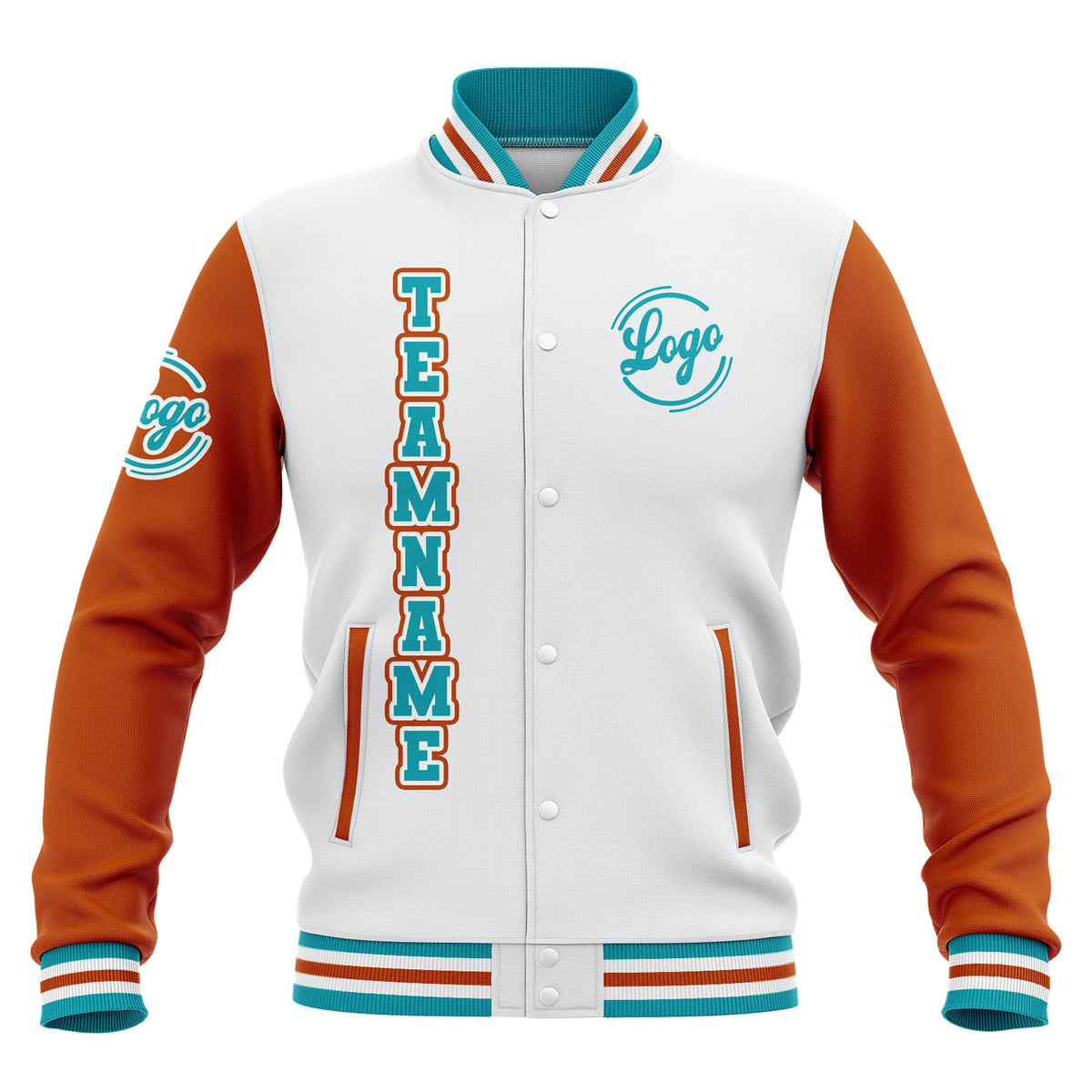 Chaquetas universitarias impermeables personalizadas en blanco-naranja y verde azulado con nombre-número y logotipo bordados