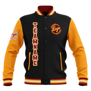 Chaquetas universitarias impermeables personalizadas en negro-amarillo y rojo con nombre-número y logotipo bordados