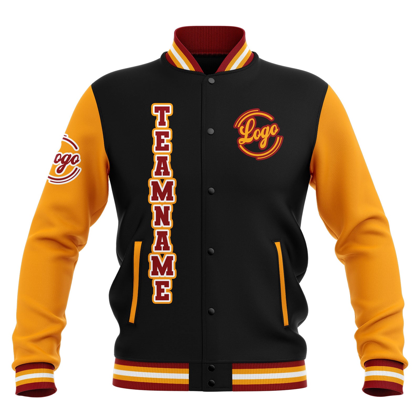 Chaquetas universitarias impermeables personalizadas en negro-amarillo y rojo con nombre-número y logotipo bordados
